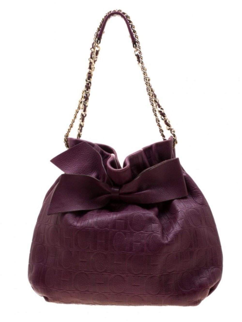 Carolina Herrera Burgandy Embossed Leather Bow Bucket Shoulder Bag
